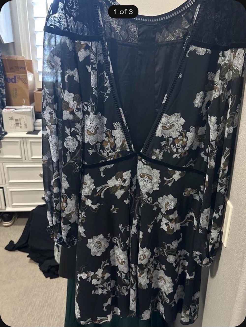 bebe Black Lace-Trim Dress with Sheer Paneling